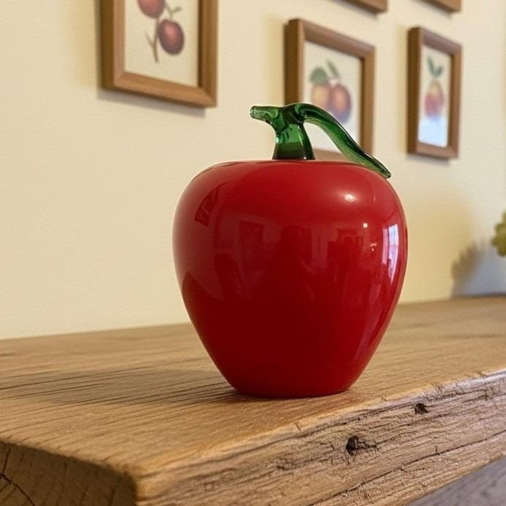 Murano Style Hand Blown Art Glass Red Apple, Life Size Fruit Sculpture, Accent